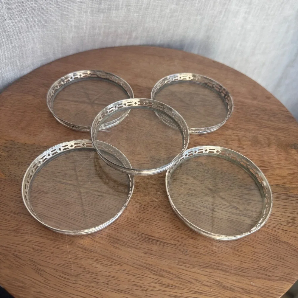 Vintage Sterling Silver Filigree Pierced Coasters Set of 5 Starburst Barware